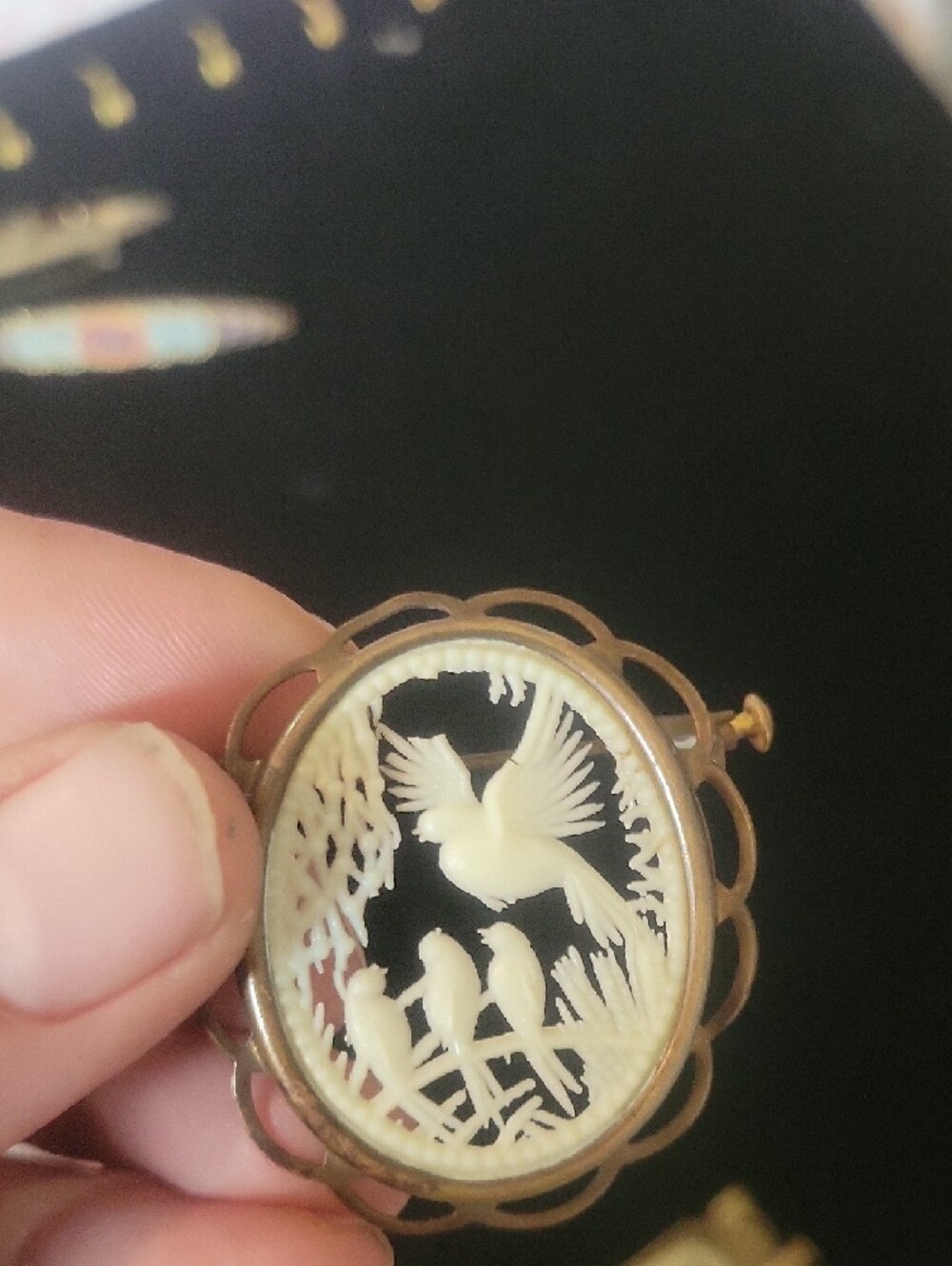 Gold-Tone Carved Bone Cameo Brooches - Bird and Deer Designs - Picture 3 of 4